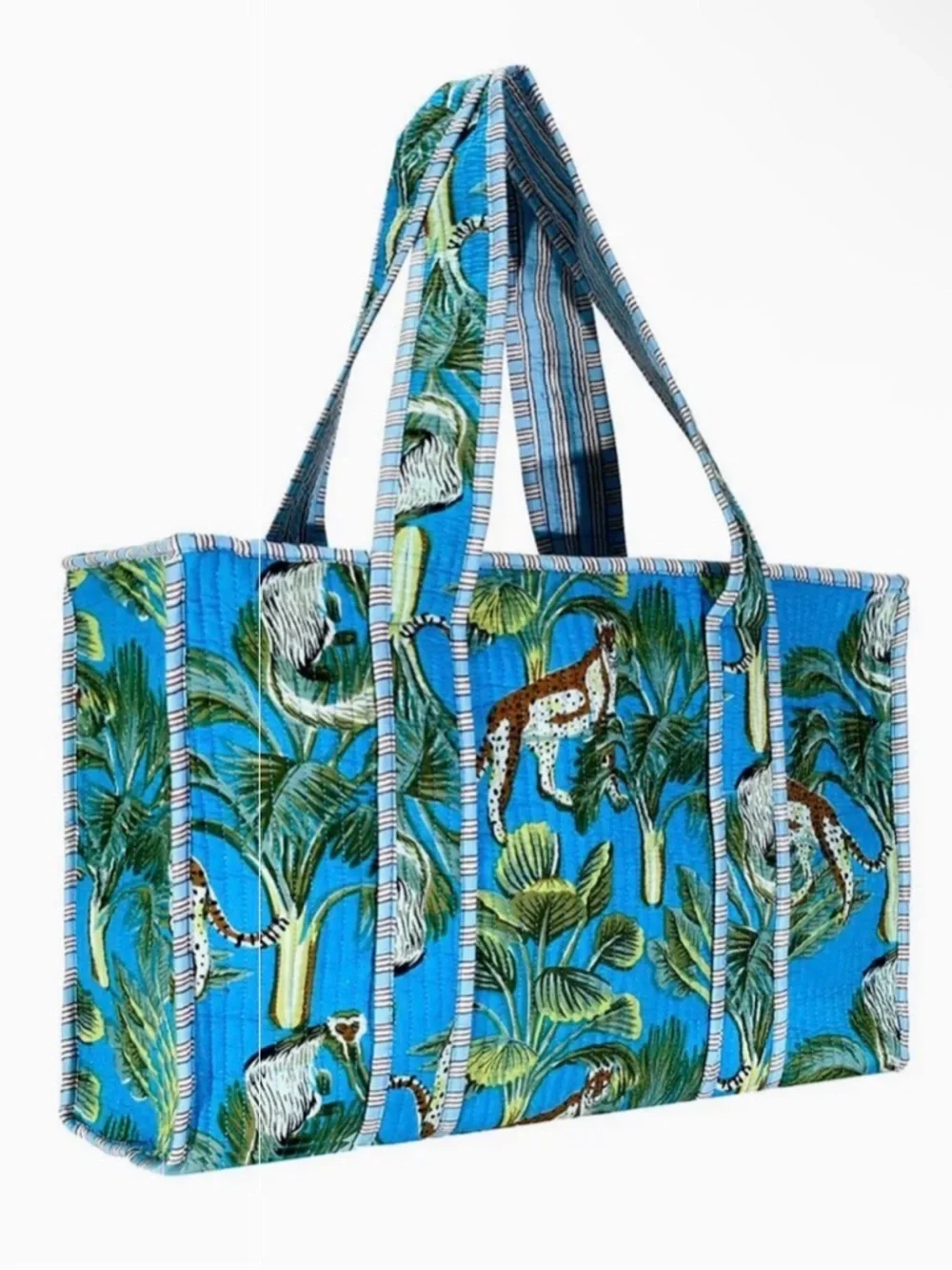 100% Cotton Blue Handmade Beach Tropical Tote Bag L Safari Summer Vacation